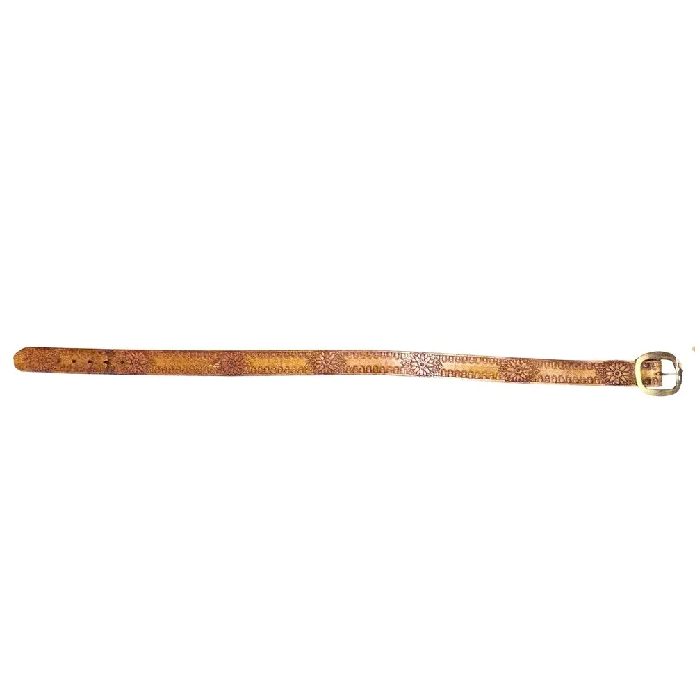 Y2K Vintage Tooled Leather Floral Belt  Brass‎ Buckle Boho Western Flower  36